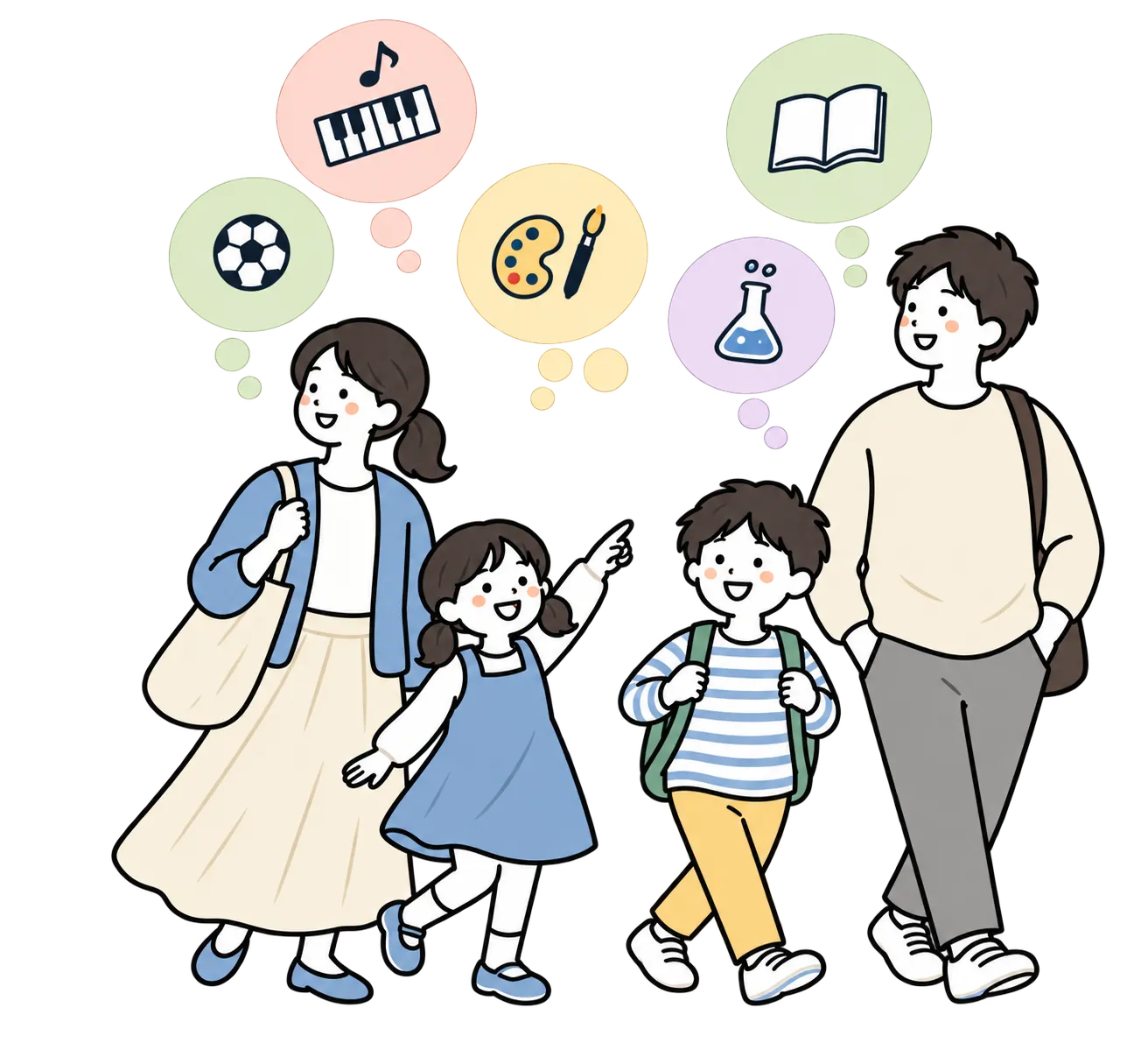 習いごとについて話しながら歩く家族のイラスト
